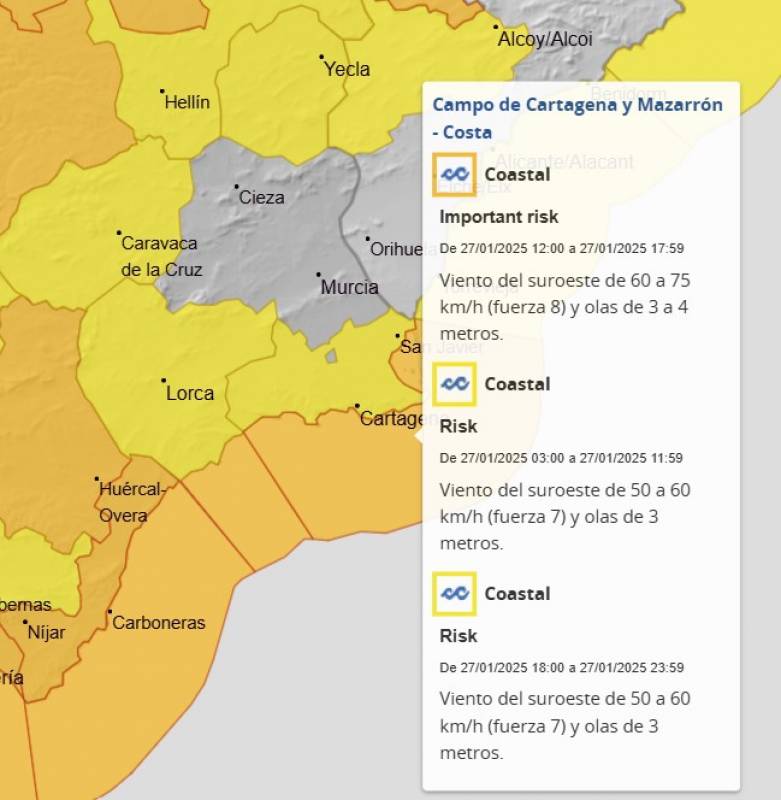 Murcia weekly weather forecast January 27-February 2: Sudden cold snap, heavy wind and rainstorms