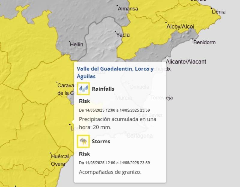 Murcia weather alert for rain, hail and storms this Wednesday